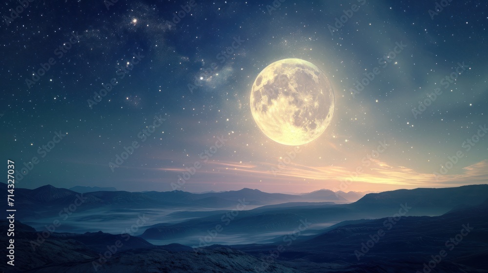  a view of a full moon in the night sky with mountains in the foreground and a distant mountain range in the foreground with a few stars in the sky.