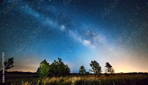 blue dark night sky with many stars above field of trees milkyw