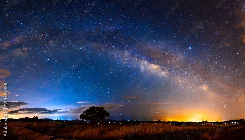 amazing panorama blue night sky milky way and star on dark background universe filled with stars nebula and galaxy with noise and grain photo by long exposure and select white balance selection focus - obrazy, fototapety, plakaty 