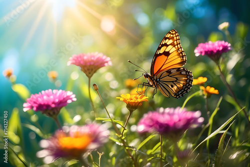 Bright summertime scenery including soaring butterflies and untamed flowers on grassy forest glades, enhanced by sunlight and bokeh. © SEERAT