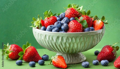 bowl with fresh blueberries and strawberries on green background