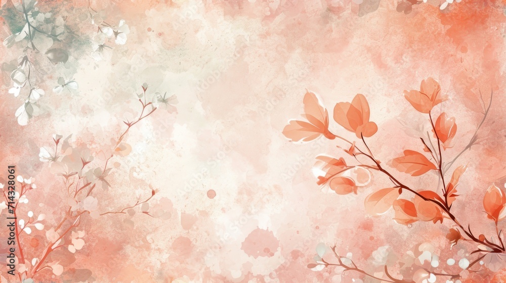  a painting of a branch with leaves and flowers on a pink and blue background with a white spot in the middle of the picture and a light pink spot in the middle.
