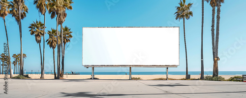 White frame billboard on a beach boardwalk with palm trees, sand, and a clear blue sky
