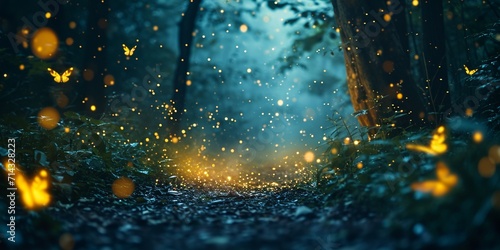 Abstract and magical image of Firefly and butterfly flying in the night forest. Fairy tale concept. photo