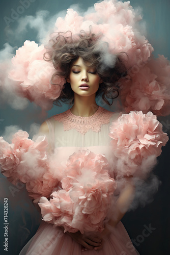 Portrait of a young girl with flowers and clouds of pink smoke. Generated by artificial intelligence