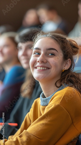 A Cheerful College Student Engaged in a Lecture, Smiling at the Camera in a Classroom Setting