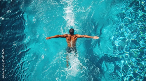 Top View Male Swimmer Swimming in Swimming Pool. Professional Determined Athlete Training for the Championship, using Butterfly Technique. Top View Shot