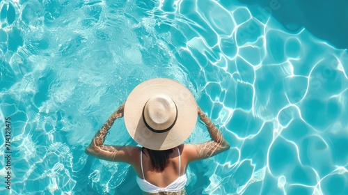 Top view of beautiful woman earing sunhat relaxing in swimming pool