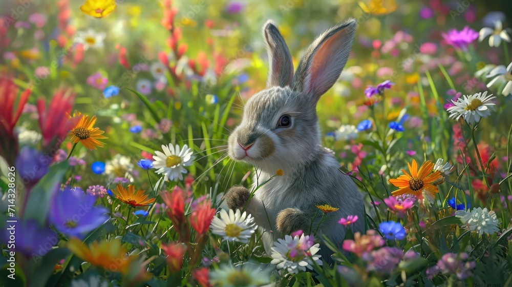  a painting of a rabbit sitting in a field of wildflowers with daisies and daisies in the foreground and a third bunny in the foreground.