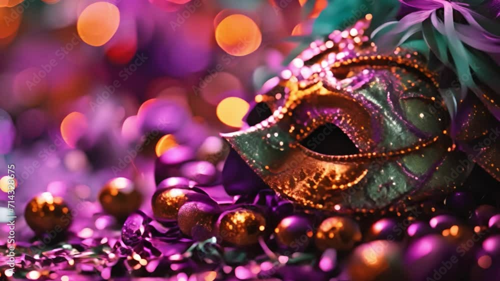 Still Life colorful Mardi Gras beads and masks, vibrant purple backdrop, vivid purples, greens, and golds, festive atmosphere. Still Life colorful Mardi Gras beads and masks, vibrant purple backdrop, vivid purples, greens, and golds, festive atmosphere.