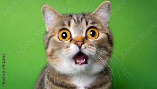 funny pet cute surprised cat with big eyes on green background