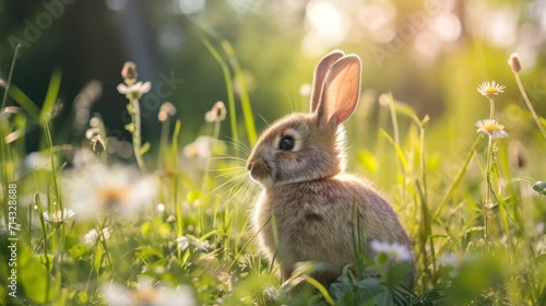  a rabbit sitting in a field of grass with daisies and daisies in the foreground, with the sun shining on the grass and daisies in the background.