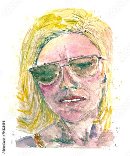Portrait woman with sunglasses, watercolor illustration
