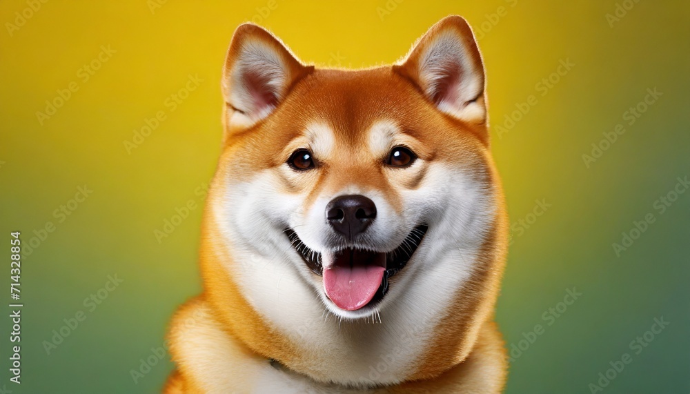 happy shiba inu dog on yellow red haired japanese dog smile portrait