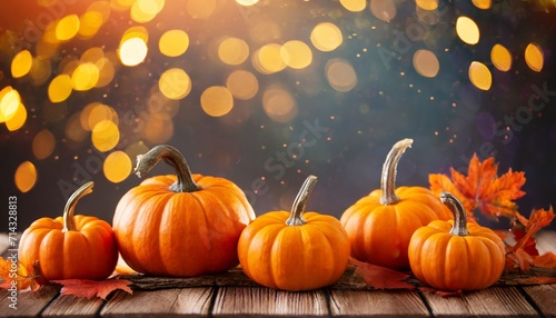 halloween orange pumpkins on a wooden table on a bokeh glowing background copy space