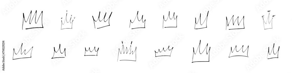 Hand drawn crown doodle, abstract sketch style with brush and crayon lines. icon for queen, king, and princess themes. Flat vector illustration isolated on white background.