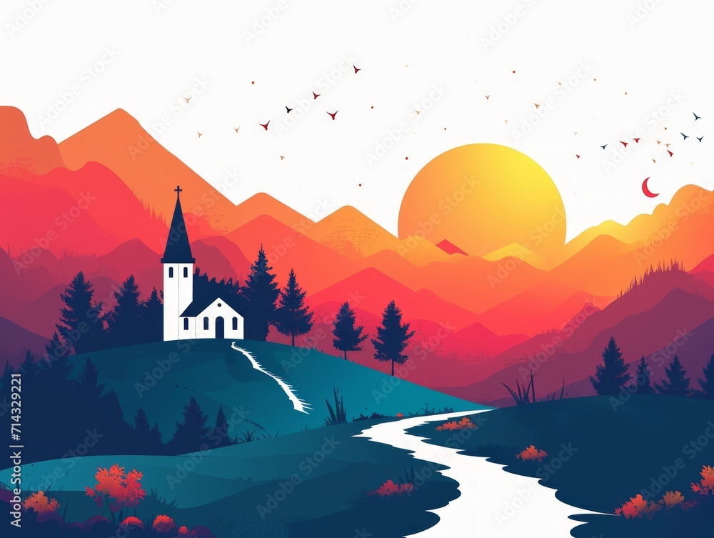 Minimalistic Flat Design of a Sunrise on Easter Morning with a Church in the Distance AI Generated