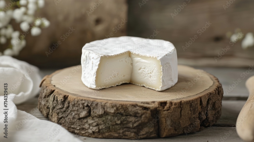  a piece of cheese sitting on top of a wooden piece of wood next to a white flower and a piece of wood with a piece of cheese in the middle.