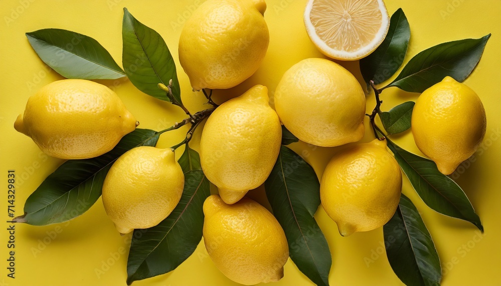 top view of whole lemon fruits on bright yellow background
