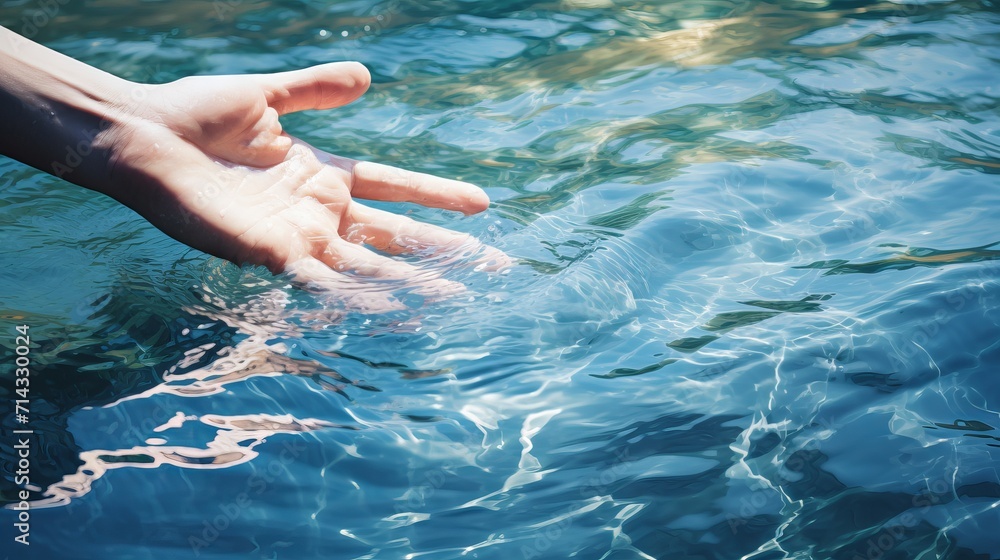 Serenity: Gentle Hand Touching Clear Pond Surface with Ripples AI Generated