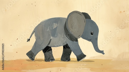  a painting of a baby elephant walking across a dirt field with a yellow wall behind it and a brown wall behind it and a light brown wall behind the elephant.
