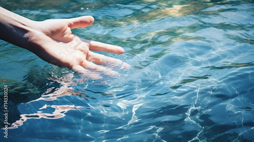 Serenity: Gentle Hand Touching Clear Pond Surface with Ripples AI Generated © Alex