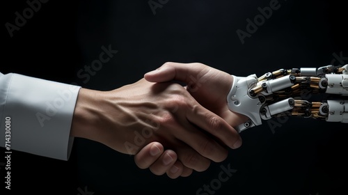 Close-Up Concept of Collaboration: Human and Robot Handshake AI Generated