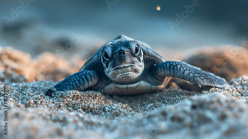 Little turtle lies on the sand, Sea sand, turtle moves into the sea