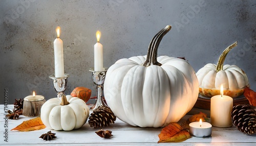thanksgiving white pumpkin and candle decorations on a white painted wood table halloween thanksgiving party concept festive fall design ai generated
