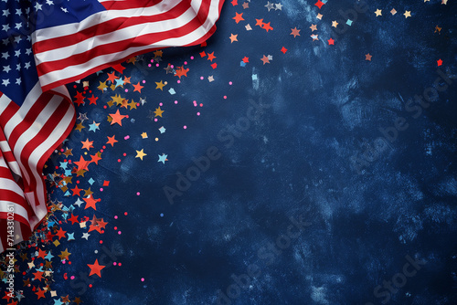 Flat lay composition with american flag and confetti on dark blue background. 4th of July party, American Independence Day concept. Generative AI