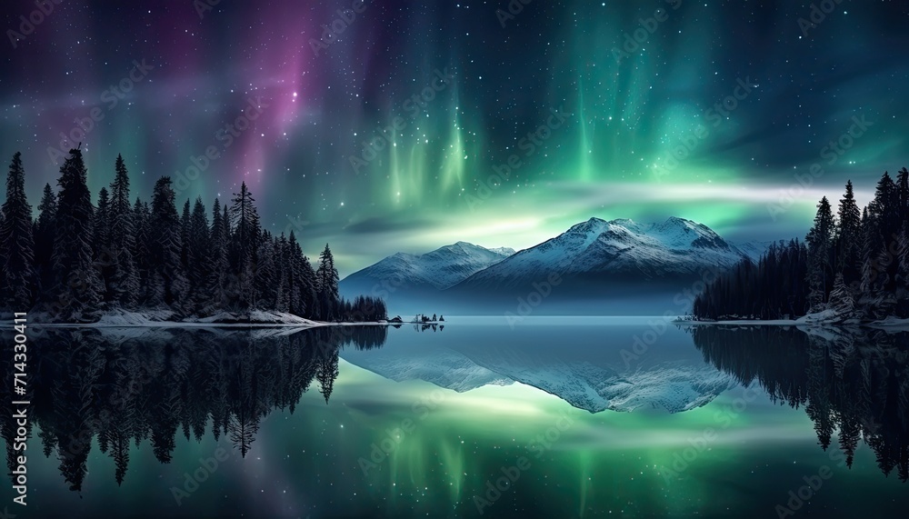 View of night sky with aurora borealis and mountain peak background. Wolf silhouette, night glows in vibrant aurora reflection on the lake with forest.
