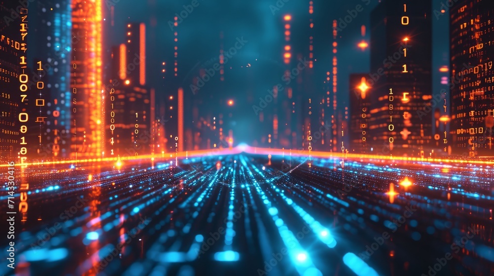 3D Rendering of abstract highway path through digital binary towers in city. Concept of big data, machine learning, artificial intelligence, hyper loop, virtual reality, high speed network