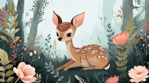  a deer sitting in the middle of a forest surrounded by pink flowers and greenery with a blue sky in the background and a few pink flowers in the foreground. © Anna