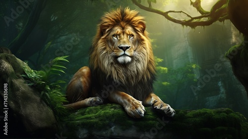 Majestic Lion Sitting on Rock Surrounded by Green Trees AI Generated