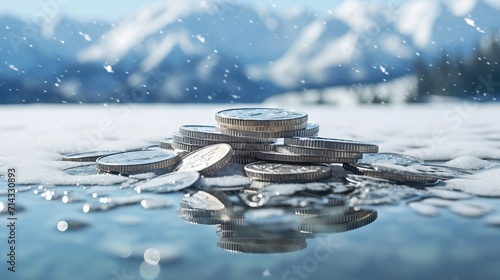 Frozen Finances: Winter Landscape Background with Money Coins Covered by Ice and Snow AI Generated photo
