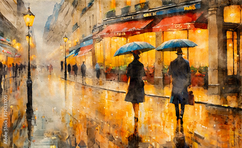 People walk with umbrellas in a southern European city with golden light from street lamps and shop windows. Watercolor effect. © Ole