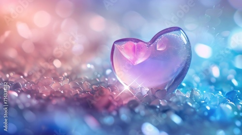  a pink heart shaped object sitting on top of a blue and pink glitter covered ground with a pink heart shaped object in the middle of the middle of the image.