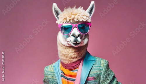 stylish 80 s clothes alpaca llama in glasses in motion on pink background generative ai