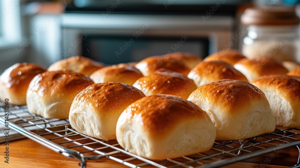 a bunch of rolls that are sitting on a wire rack on a counter top with a microwave in the back ground and a microwave in the back ground in the background. a bunch of rolls that are sitting on a wire rack on a counter top with a microwave in the back ground and a microwave in the back ground in the background.