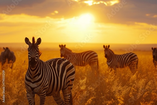 Zebras in the African savanna against the backdrop of beautiful sunset. Serengeti National Park. Tanzania. Africa. © Shami