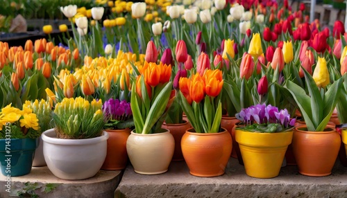 many ceramic pots with bright spring flowers are arranged in a row spring time display