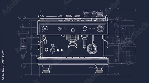 Espresso coffee machine blueprint. Outline drawing of coffeemaker. Industrial linear concept. Vector illustration