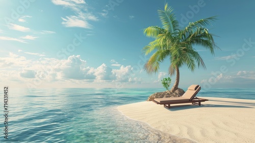 Desert tropical island with palm tree, chaise lounge. Concept for rest, holidays, resort, travel photo