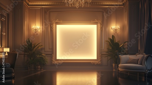 A majestic living room with an empty canvas frame, illuminated by the soft glow of a chandelier
