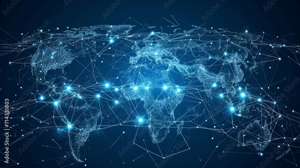 Global network connection. Big data analytics and business concept, world map point and line composition concept of global business, digital connection technology, e-commerce, social network - obrazy, fototapety, plakaty 