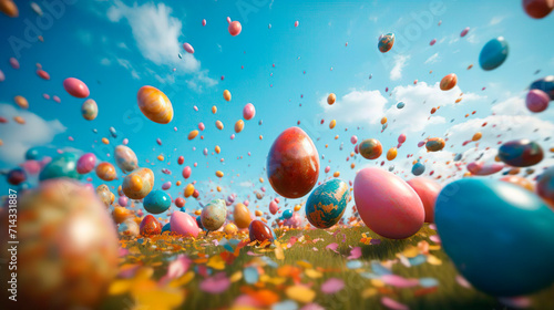 Decorated festive Easter eggs in motion, flying against blue sky background. Creative Easter holiday levitation concept.