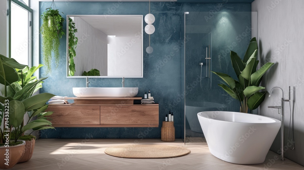 Modern minimalist bathroom interior, modern bathroom cabinet, white sink, wooden vanity, interior plants, bathroom accessories, bathtub and shower, white and blue walls, concrete floor Modern minimalist bathroom interior, modern bathroom cabinet, white sink, wooden vanity, interior plants, bathroom accessories, bathtub and shower, white and blue walls, concrete floor