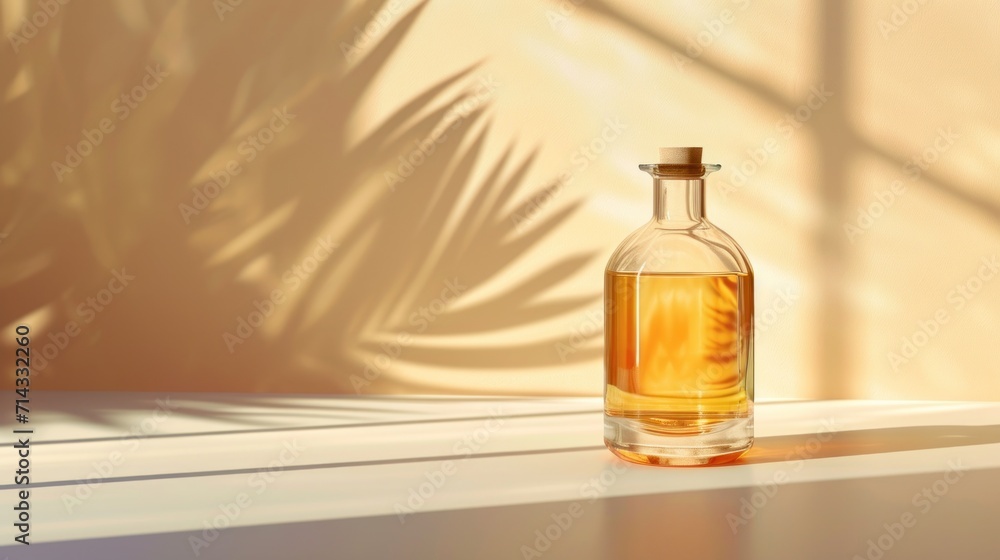 a bottle of oil sitting on a table with a shadow of a palm tree on the wall behind it and a shadow of a palm tree on the wall behind it. a bottle of oil sitting on a table with a shadow of a palm tree on the wall behind it and a shadow of a palm tree on the wall behind it.