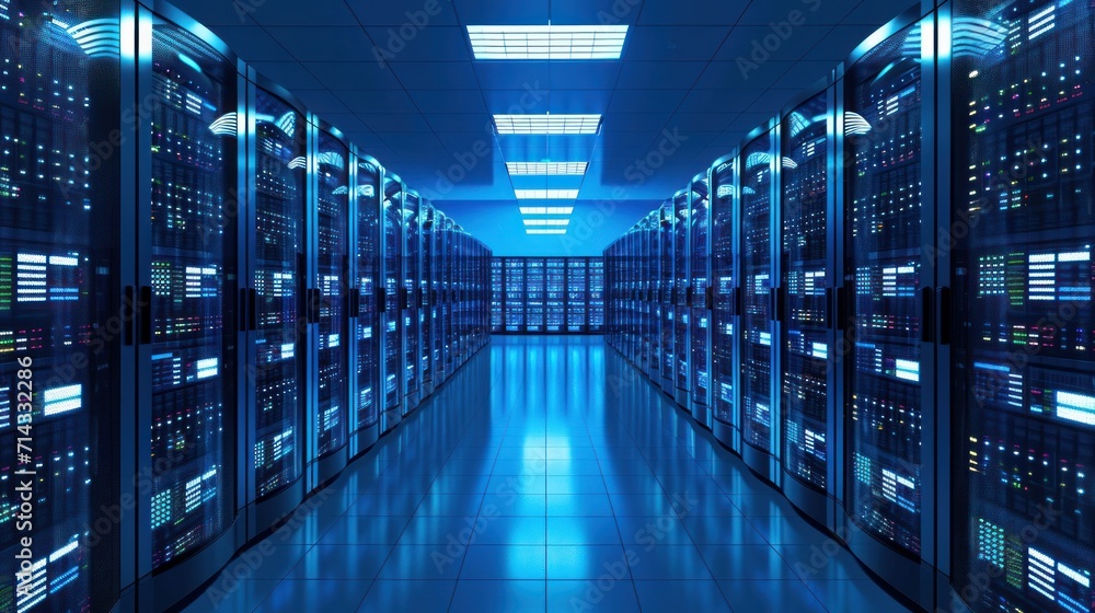 Modern web network and internet telecommunication technology, big data storage and cloud computing computer service business concept: server room interior in datacenter in blue light