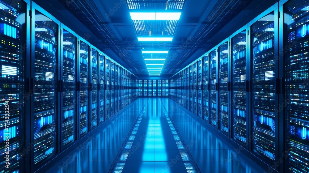 Modern web network and internet telecommunication technology, big data storage and cloud computing computer service business concept: server room interior in datacenter in blue light - obrazy, fototapety, plakaty 